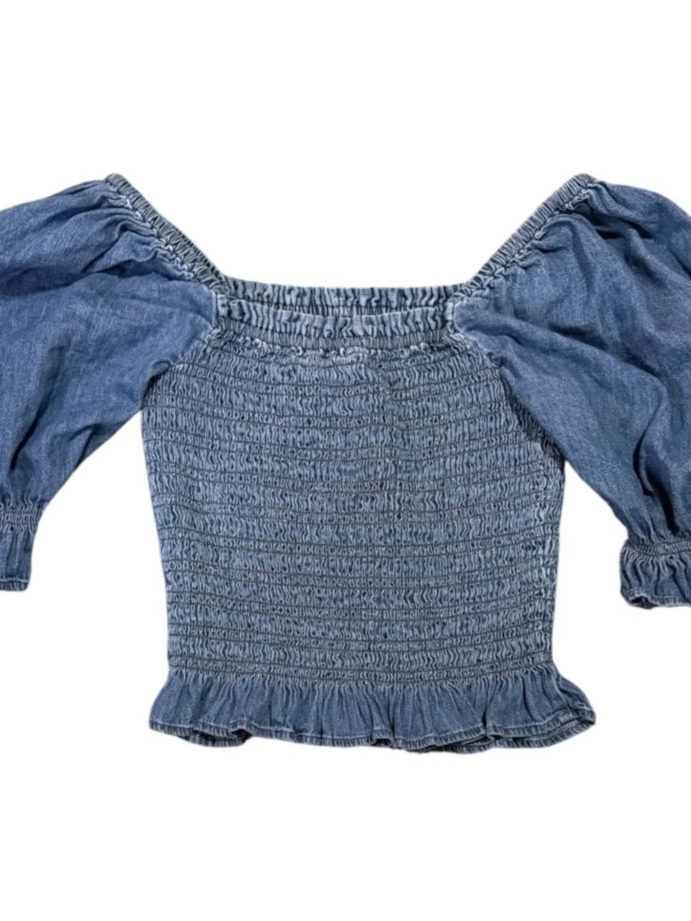 GAP Smocked Puff Sleeve Chambray Crop Top Medium Cottagecore - Picture 4 of 6